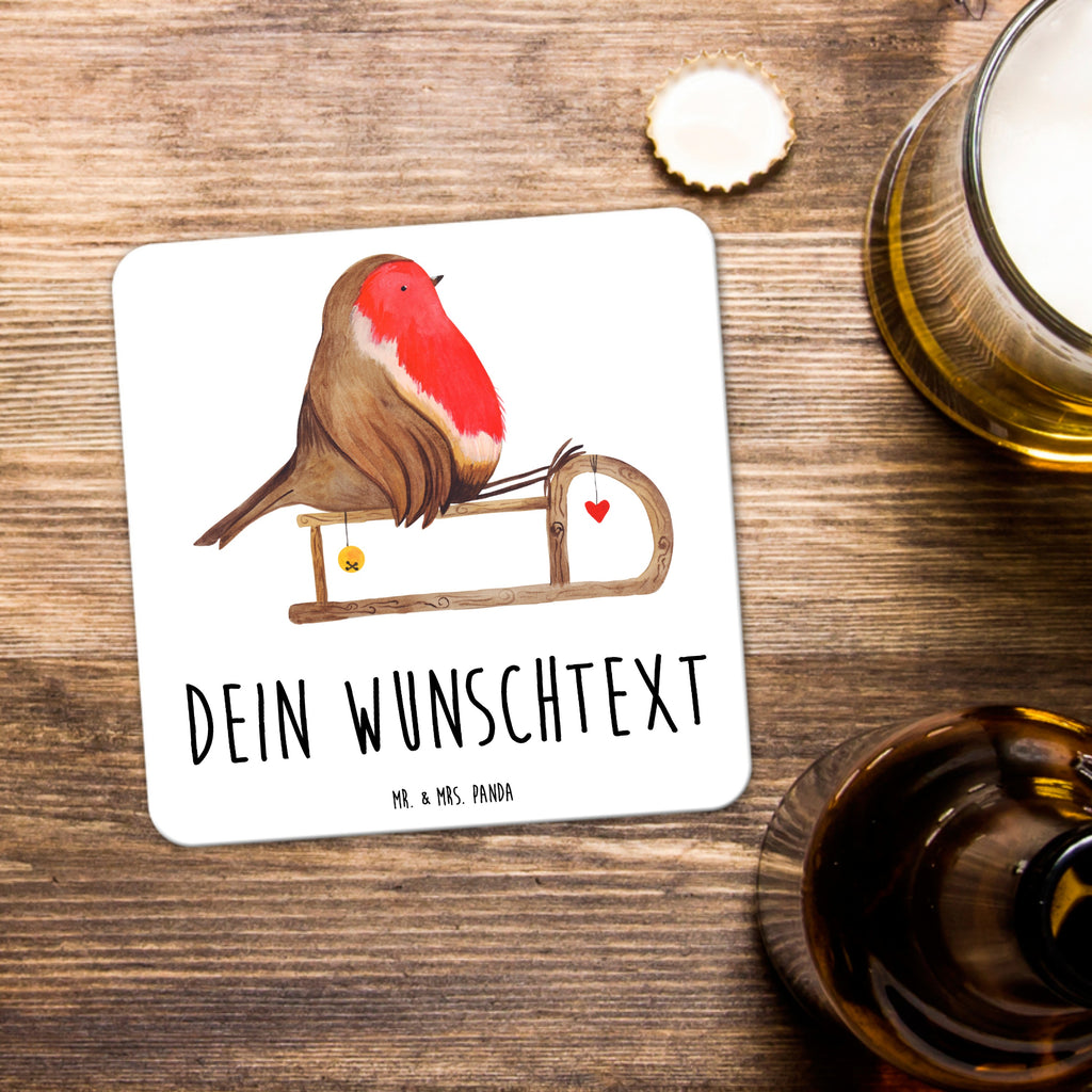 Personalisiertes Untersetzer Set Rotkehlchen Schlitten Personalisierte Untersetzer, Winter, Weihnachten, Weihnachtsdeko, Nikolaus, Advent, Heiligabend, Wintermotiv, Schlitten, Vogel