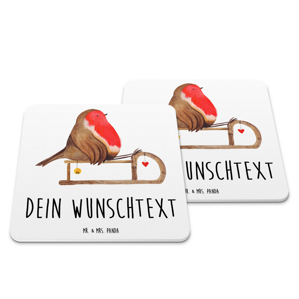 Personalisiertes Untersetzer Set Rotkehlchen Schlitten Personalisierte Untersetzer, Winter, Weihnachten, Weihnachtsdeko, Nikolaus, Advent, Heiligabend, Wintermotiv, Schlitten, Vogel