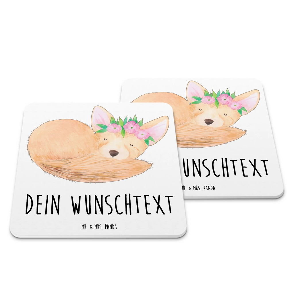 Personalisiertes Untersetzer Set Wüstenfuchs Blumen Personalisierte Untersetzer, Afrika, Wildtiere, Wüste, Wüstenfuchs, Blumen, Blumenkranz, Glücklich