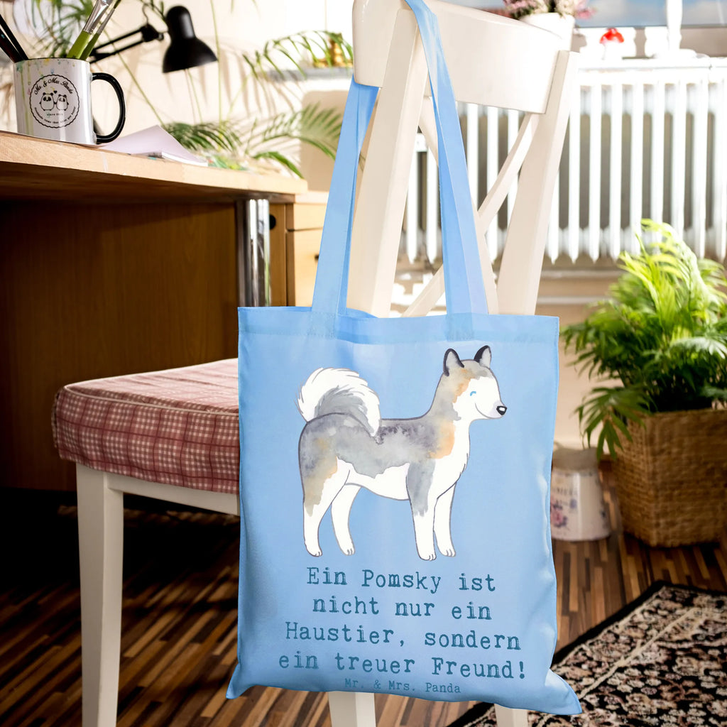 Tragetasche Pomsky Freund Beuteltasche, Beutel, Einkaufstasche, Jutebeutel, Stoffbeutel, Tasche, Shopper, Umhängetasche, Strandtasche, Schultertasche, Stofftasche, Tragetasche, Badetasche, Jutetasche, Einkaufstüte, Laptoptasche, Hund, Hunderasse, Rassehund, Hundebesitzer, Geschenk, Tierfreund, Schenken, Welpe