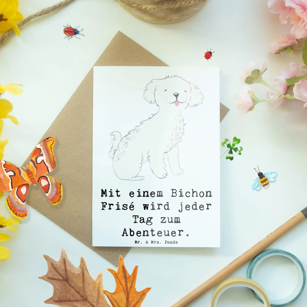 Grußkarte Mit einem Bichon Frisé wird jeder Tag zum Abenteuer. Grußkarte, Klappkarte, Einladungskarte, Glückwunschkarte, Hochzeitskarte, Geburtstagskarte, Karte, Ansichtskarten, Hund, Hunderasse, Rassehund, Hundebesitzer, Geschenk, Tierfreund, Schenken, Welpe