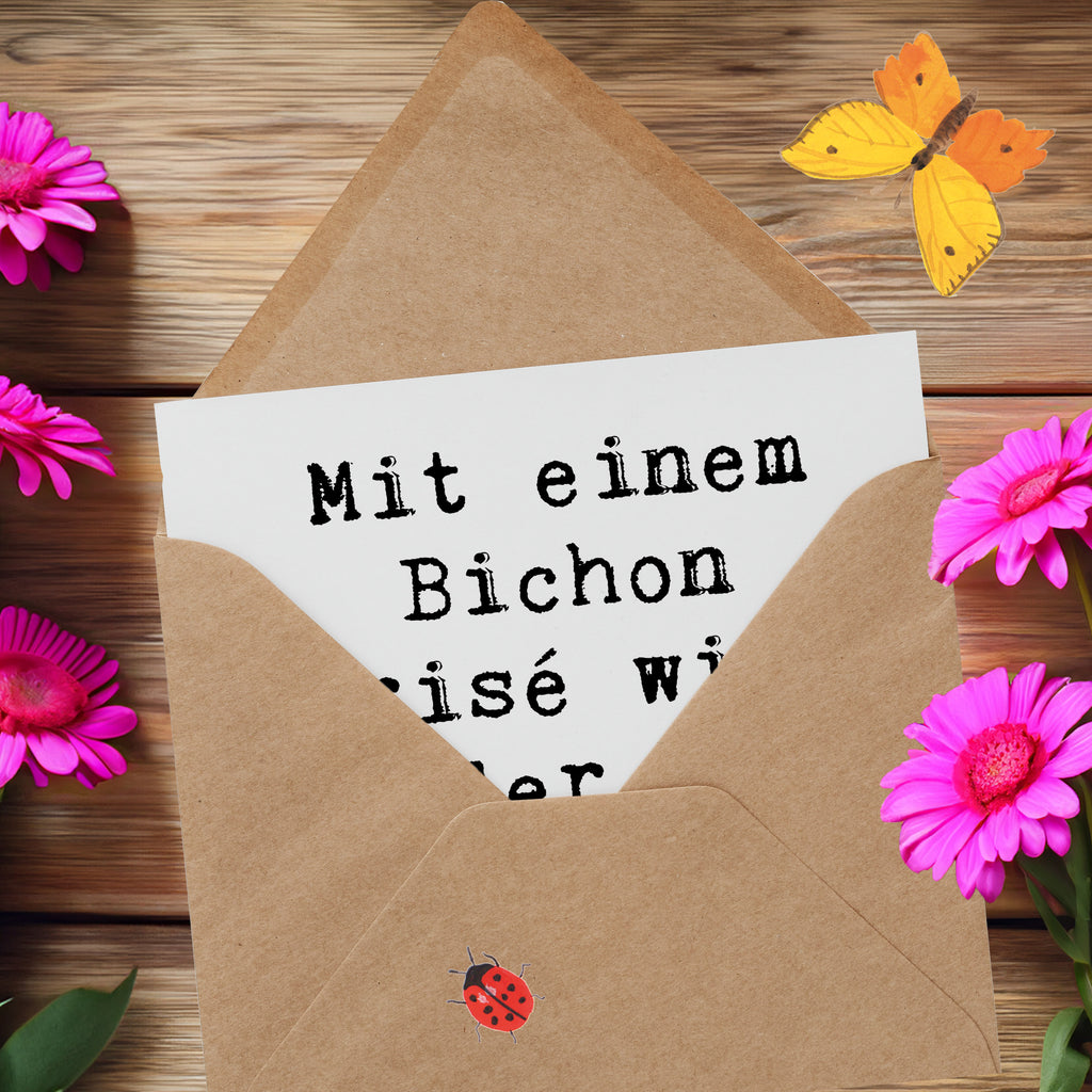 Deluxe Karte Spruch Mit einem Bichon Frisé wird jeder Tag zum Abenteuer. Karte, Grußkarte, Klappkarte, Einladungskarte, Glückwunschkarte, Hochzeitskarte, Geburtstagskarte, Hochwertige Grußkarte, Hochwertige Klappkarte, Hund, Hunderasse, Rassehund, Hundebesitzer, Geschenk, Tierfreund, Schenken, Welpe