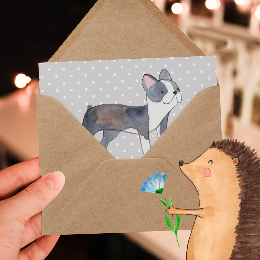 Deluxe Karte Boston Terrier Freude Karte, Grußkarte, Klappkarte, Einladungskarte, Glückwunschkarte, Hochzeitskarte, Geburtstagskarte, Hochwertige Grußkarte, Hochwertige Klappkarte, Hund, Hunderasse, Rassehund, Hundebesitzer, Geschenk, Tierfreund, Schenken, Welpe