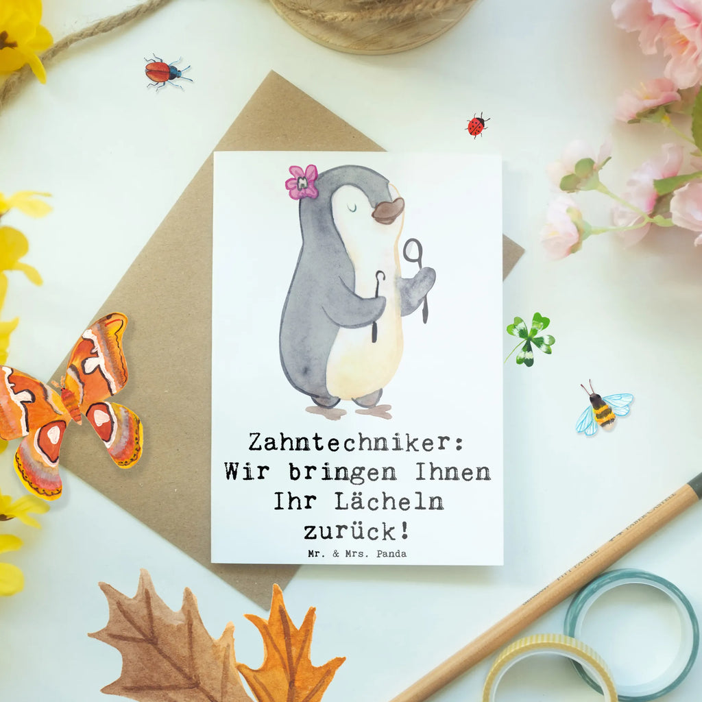 Grußkarte Zahntechniker: Wir bringen Ihnen Ihr Lächeln zurück! Grußkarte, Klappkarte, Einladungskarte, Glückwunschkarte, Hochzeitskarte, Geburtstagskarte, Karte, Ansichtskarten, Beruf, Ausbildung, Jubiläum, Abschied, Rente, Kollege, Kollegin, Geschenk, Schenken, Arbeitskollege, Mitarbeiter, Firma, Danke, Dankeschön