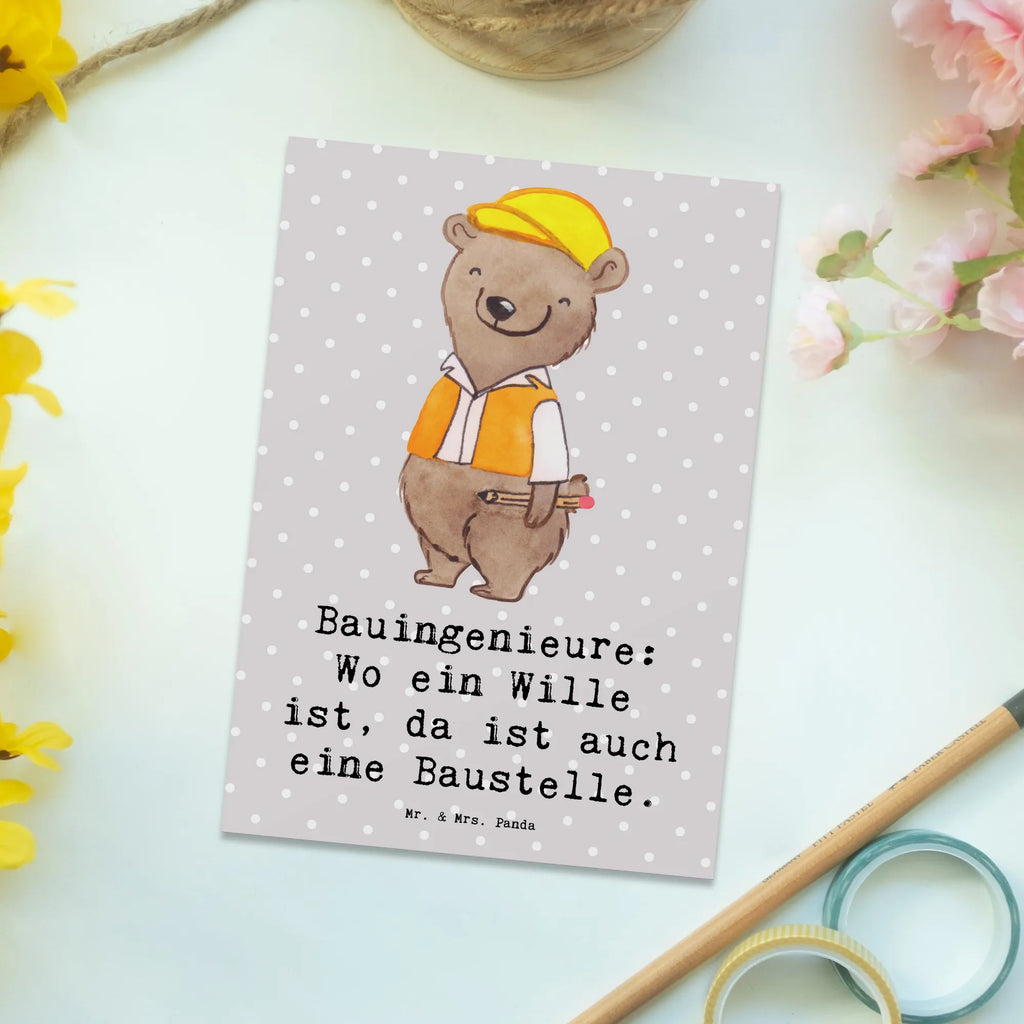 Postkarte Bauingenieure: Wo ein Wille ist, da ist auch eine Baustelle. Postkarte, Karte, Geschenkkarte, Grußkarte, Einladung, Ansichtskarte, Geburtstagskarte, Einladungskarte, Dankeskarte, Ansichtskarten, Einladung Geburtstag, Einladungskarten Geburtstag, Beruf, Ausbildung, Jubiläum, Abschied, Rente, Kollege, Kollegin, Geschenk, Schenken, Arbeitskollege, Mitarbeiter, Firma, Danke, Dankeschön