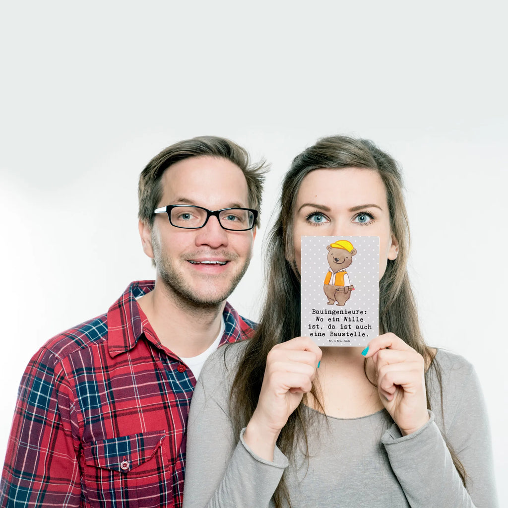 Postkarte Bauingenieure: Wo ein Wille ist, da ist auch eine Baustelle. Postkarte, Karte, Geschenkkarte, Grußkarte, Einladung, Ansichtskarte, Geburtstagskarte, Einladungskarte, Dankeskarte, Ansichtskarten, Einladung Geburtstag, Einladungskarten Geburtstag, Beruf, Ausbildung, Jubiläum, Abschied, Rente, Kollege, Kollegin, Geschenk, Schenken, Arbeitskollege, Mitarbeiter, Firma, Danke, Dankeschön