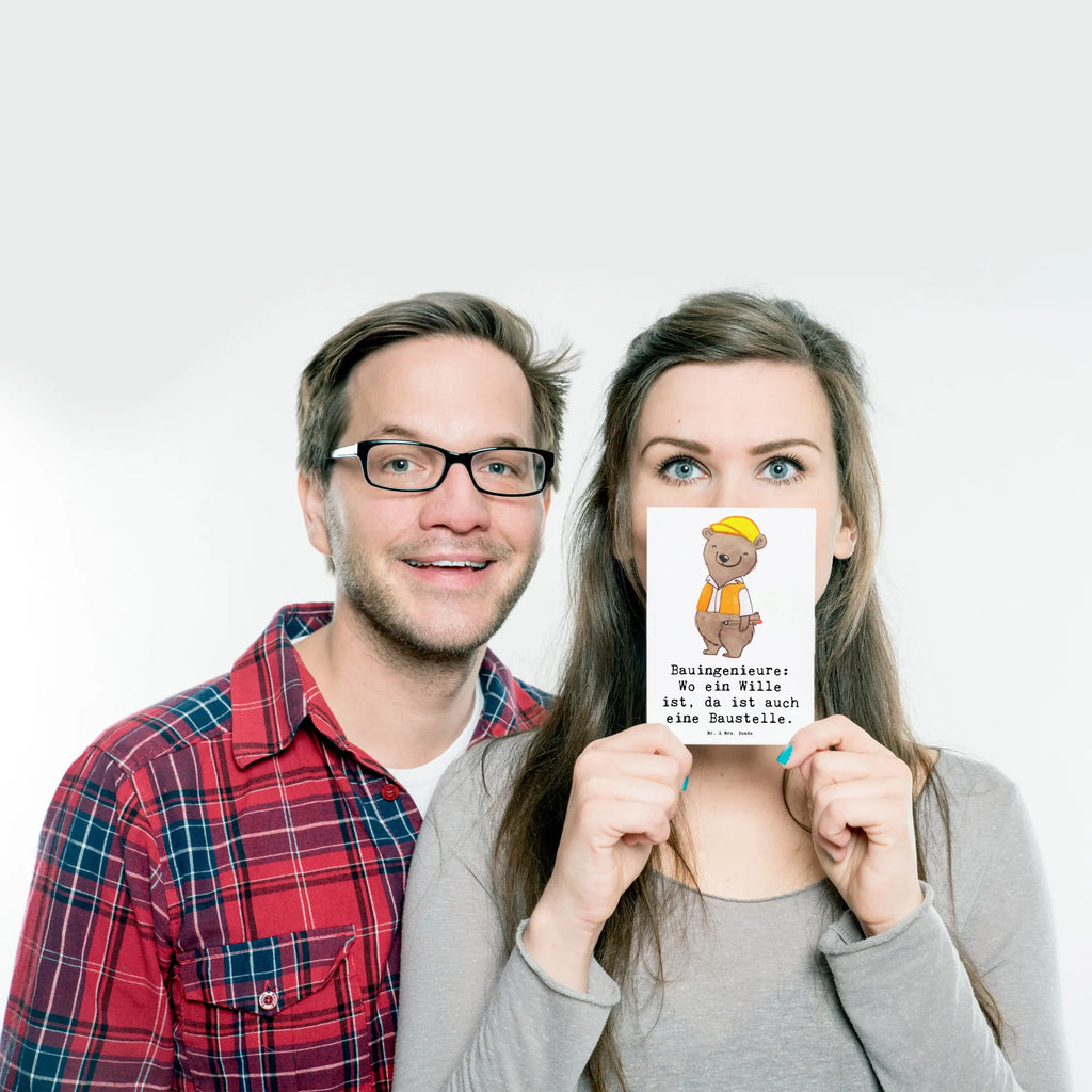 Postkarte Bauingenieure: Wo ein Wille ist, da ist auch eine Baustelle. Postkarte, Karte, Geschenkkarte, Grußkarte, Einladung, Ansichtskarte, Geburtstagskarte, Einladungskarte, Dankeskarte, Ansichtskarten, Einladung Geburtstag, Einladungskarten Geburtstag, Beruf, Ausbildung, Jubiläum, Abschied, Rente, Kollege, Kollegin, Geschenk, Schenken, Arbeitskollege, Mitarbeiter, Firma, Danke, Dankeschön