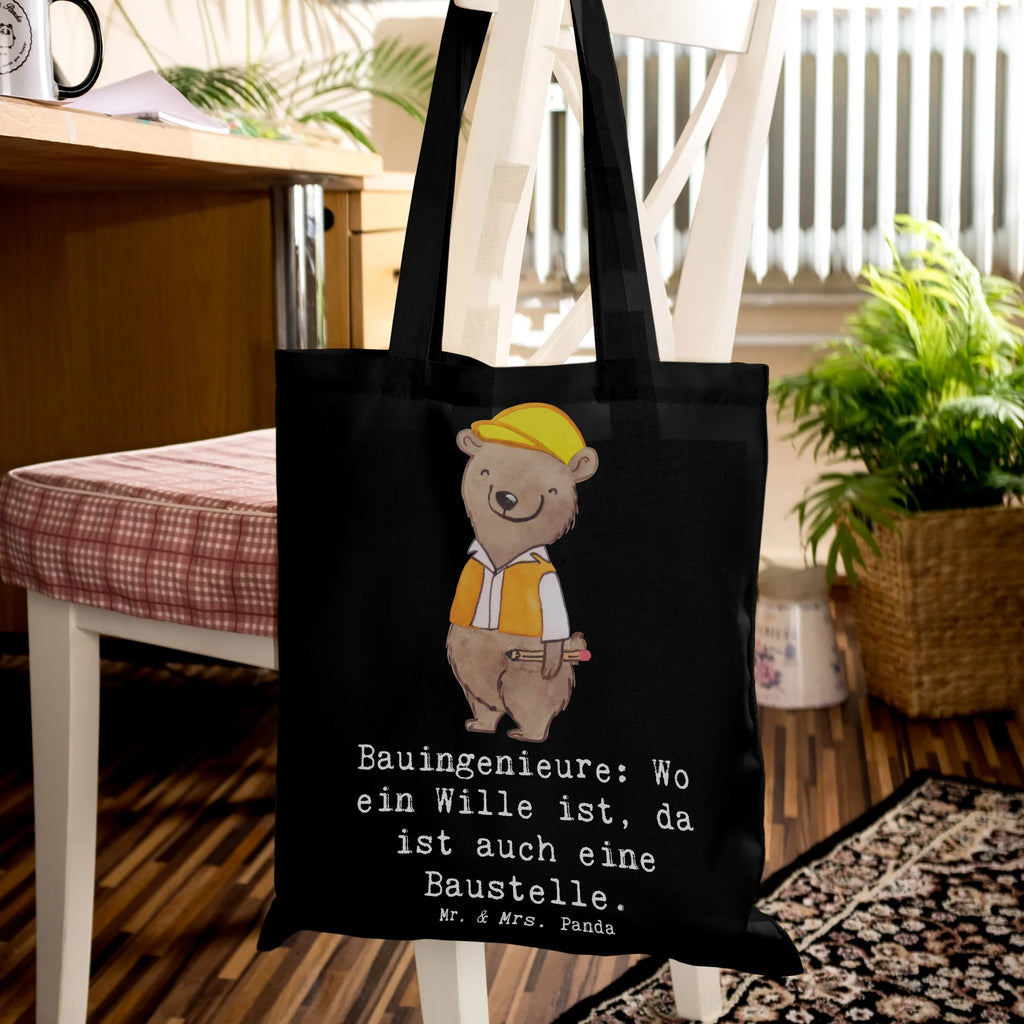 Tragetasche Bauingenieure: Wo ein Wille ist, da ist auch eine Baustelle. Beuteltasche, Beutel, Einkaufstasche, Jutebeutel, Stoffbeutel, Tasche, Shopper, Umhängetasche, Strandtasche, Schultertasche, Stofftasche, Tragetasche, Badetasche, Jutetasche, Einkaufstüte, Laptoptasche, Beruf, Ausbildung, Jubiläum, Abschied, Rente, Kollege, Kollegin, Geschenk, Schenken, Arbeitskollege, Mitarbeiter, Firma, Danke, Dankeschön