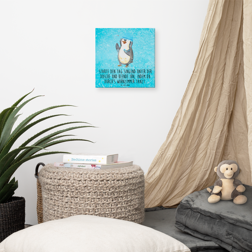 Leinwand Bild Pinguin duscht Leinwand, Bild, Kunstdruck, Wanddeko, Dekoration, Pinguin, Pinguine, Dusche, duschen, Lebensmotto, Motivation, Neustart, Neuanfang, glücklich sein