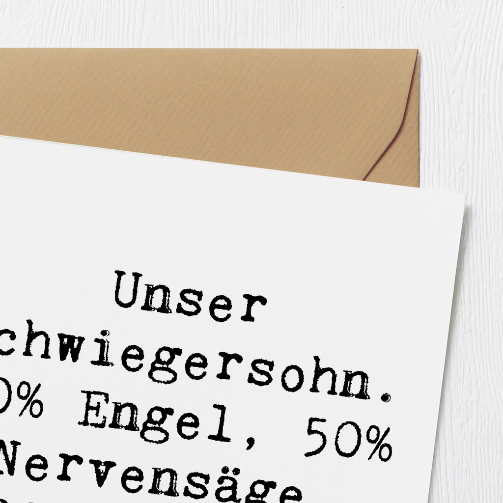 Deluxe Karte Spruch Unser Schwiegersohn. 50% Engel, 50% Nervensäge, 100% Familie! Karte, Grußkarte, Klappkarte, Einladungskarte, Glückwunschkarte, Hochzeitskarte, Geburtstagskarte, Hochwertige Grußkarte, Hochwertige Klappkarte, Familie, Vatertag, Muttertag, Bruder, Schwester, Mama, Papa, Oma, Opa