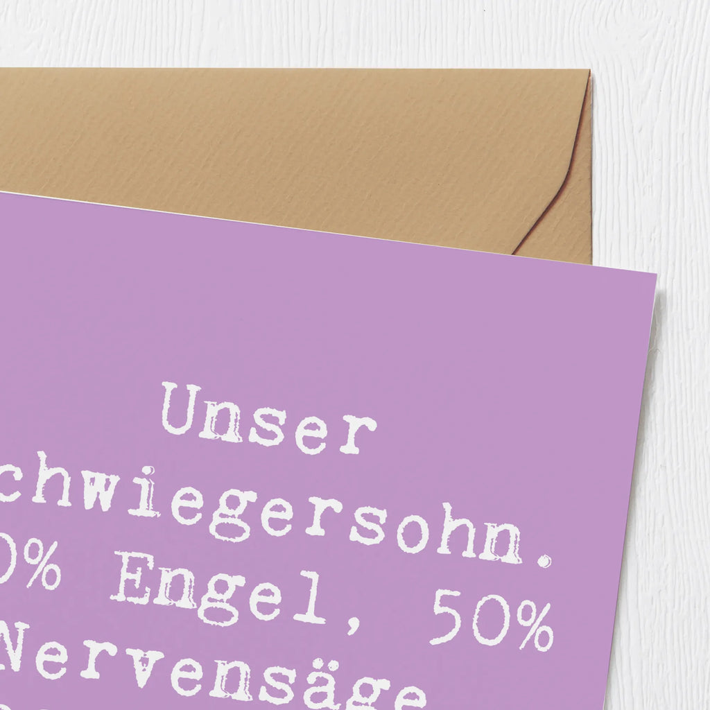 Deluxe Karte Spruch Unser Schwiegersohn. 50% Engel, 50% Nervensäge, 100% Familie! Karte, Grußkarte, Klappkarte, Einladungskarte, Glückwunschkarte, Hochzeitskarte, Geburtstagskarte, Hochwertige Grußkarte, Hochwertige Klappkarte, Familie, Vatertag, Muttertag, Bruder, Schwester, Mama, Papa, Oma, Opa