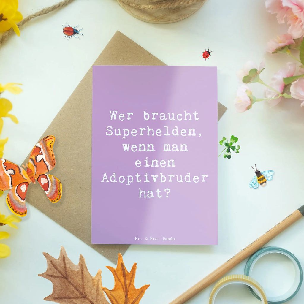 Greetings card Saying Wer braucht Superhelden, wenn man einen Adoptivbruder hat? Grußkarte, Klappkarte, Einladungskarte, Glückwunschkarte, Hochzeitskarte, Geburtstagskarte, Karte, Ansichtskarten, Familie, Vatertag, Muttertag, Bruder, Schwester, Mama, Papa, Oma, Opa