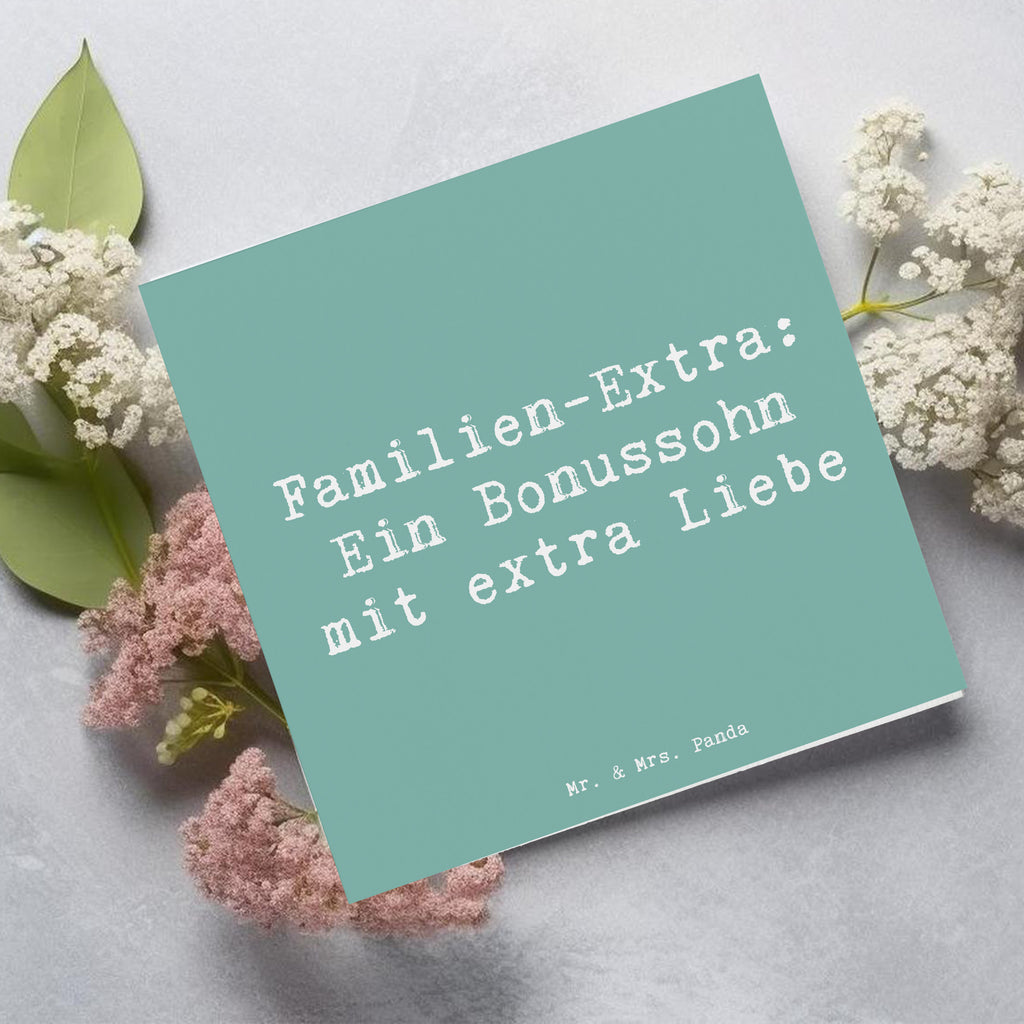 Deluxe Karte Spruch Bonussohn Liebe Karte, Grußkarte, Klappkarte, Einladungskarte, Glückwunschkarte, Hochzeitskarte, Geburtstagskarte, Hochwertige Grußkarte, Hochwertige Klappkarte, Familie, Vatertag, Muttertag, Bruder, Schwester, Mama, Papa, Oma, Opa