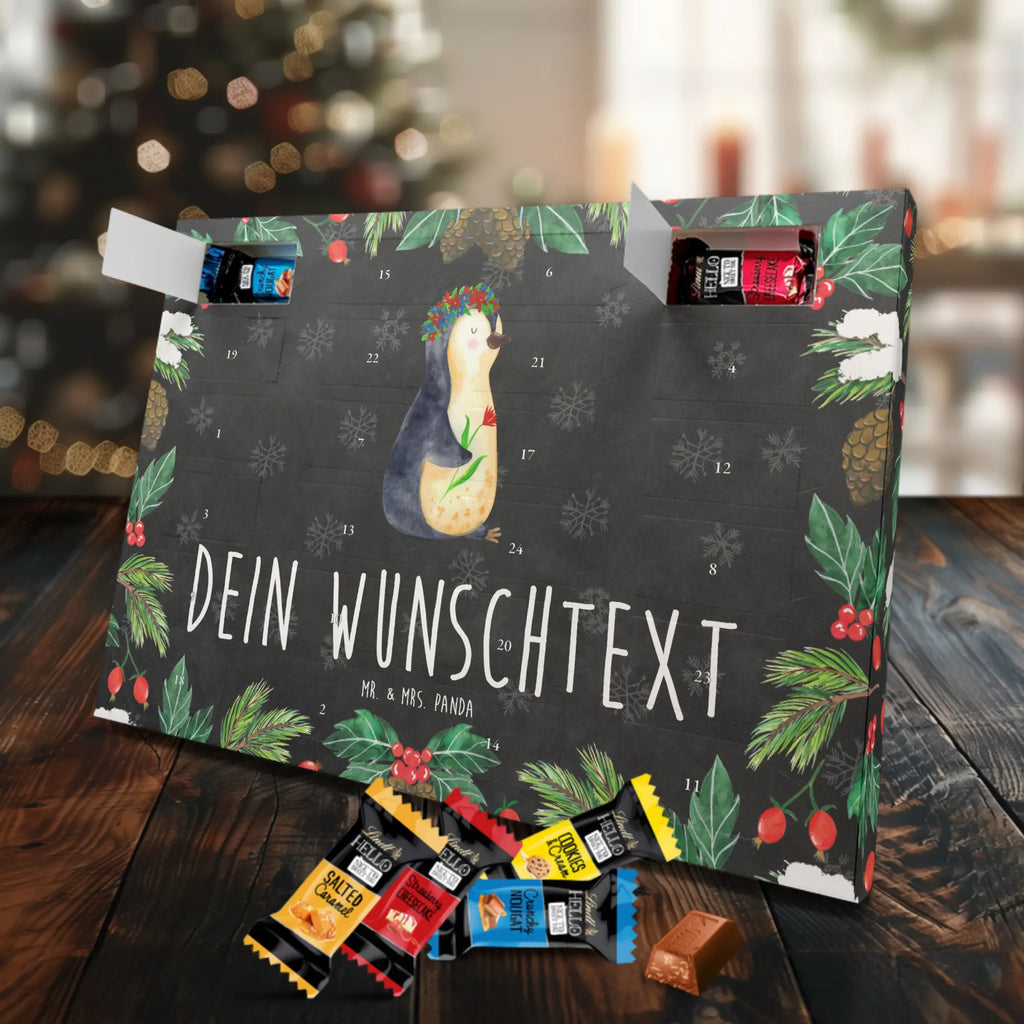 Personalisierter Markenschokolade Adventskalender Pinguin Blumen Personalisierter Adventskalender, Pinguin, Pinguine, Blumenkranz, Universum, Leben, Wünsche, Ziele, Lebensziele, Motivation, Lebenslust, Liebeskummer, Geschenkidee