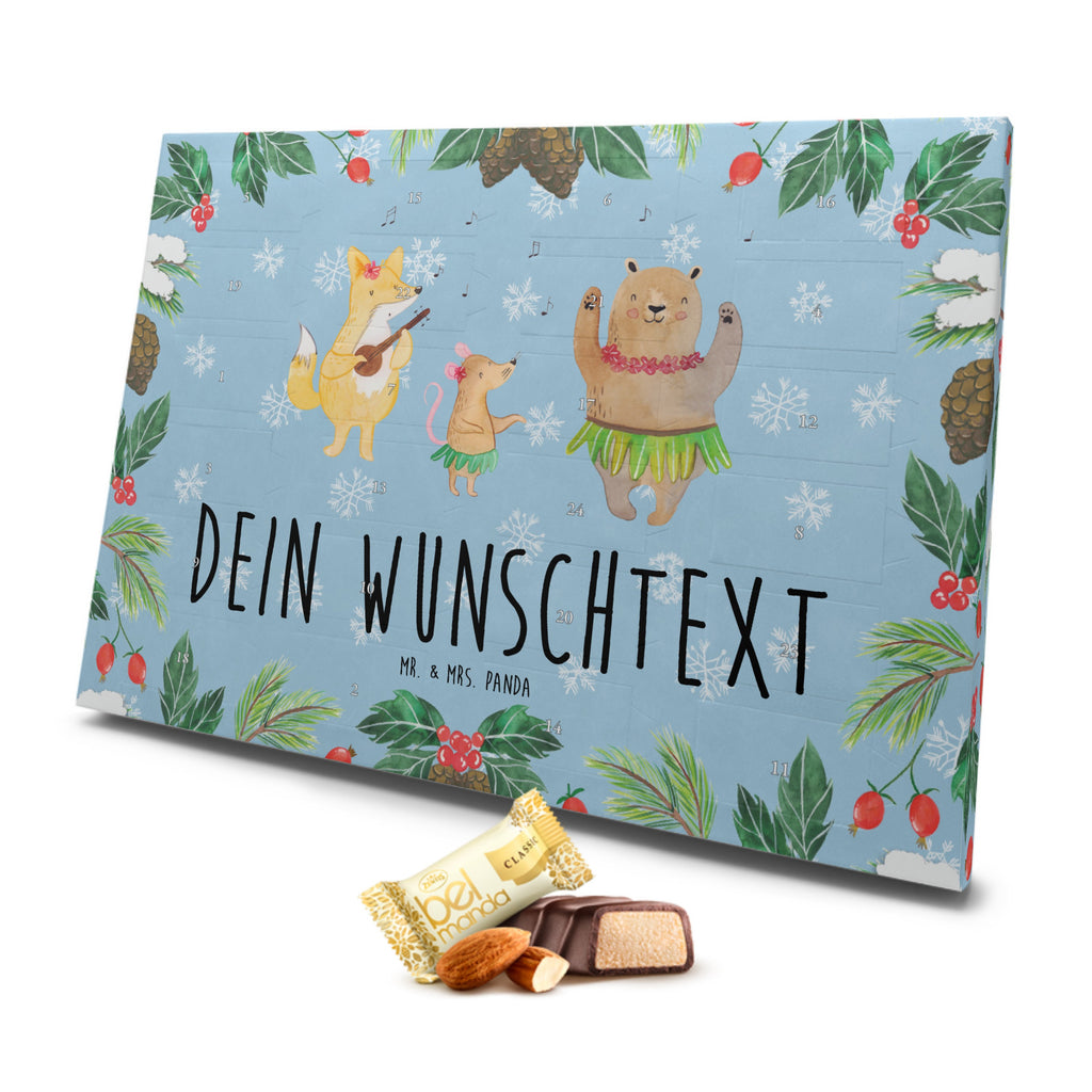 Personalisierter Marzipan Adventskalender Waldtiere Aloha Personalisierter Marzipan Adventskalender, Tiermotive, Gute Laune, lustige Sprüche, Tiere, Wald, Waldtiere, Musik, Aloha, Bär, Hase, Igel, Tanzen, Leben, Lachen