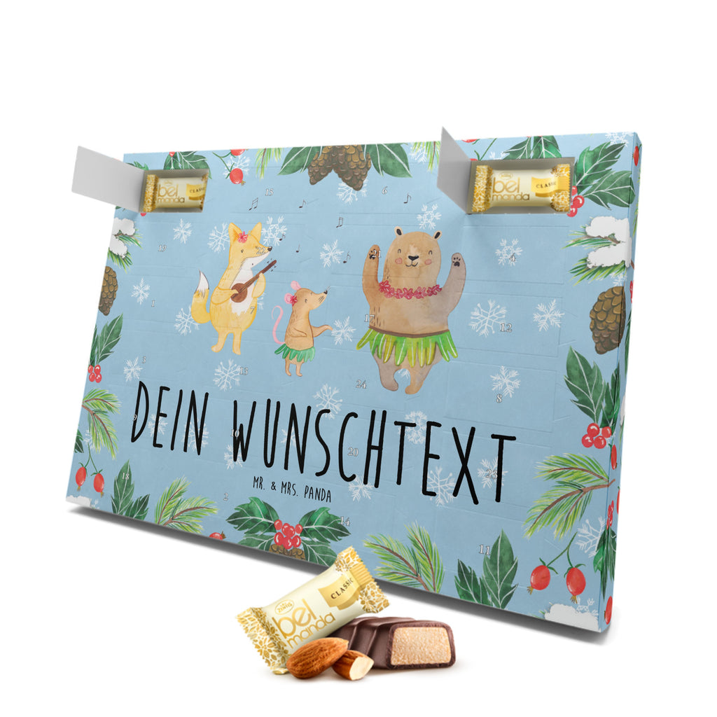 Personalisierter Marzipan Adventskalender Waldtiere Aloha Personalisierter Marzipan Adventskalender, Tiermotive, Gute Laune, lustige Sprüche, Tiere, Wald, Waldtiere, Musik, Aloha, Bär, Hase, Igel, Tanzen, Leben, Lachen