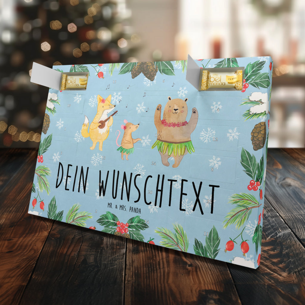 Personalisierter Marzipan Adventskalender Waldtiere Aloha Personalisierter Marzipan Adventskalender, Tiermotive, Gute Laune, lustige Sprüche, Tiere, Wald, Waldtiere, Musik, Aloha, Bär, Hase, Igel, Tanzen, Leben, Lachen