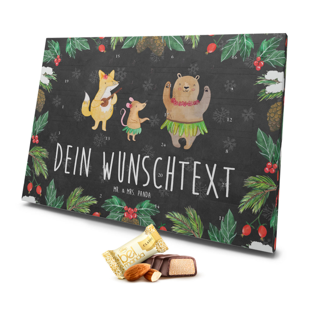 Personalisierter Marzipan Adventskalender Waldtiere Aloha Personalisierter Marzipan Adventskalender, Tiermotive, Gute Laune, lustige Sprüche, Tiere, Wald, Waldtiere, Musik, Aloha, Bär, Hase, Igel, Tanzen, Leben, Lachen