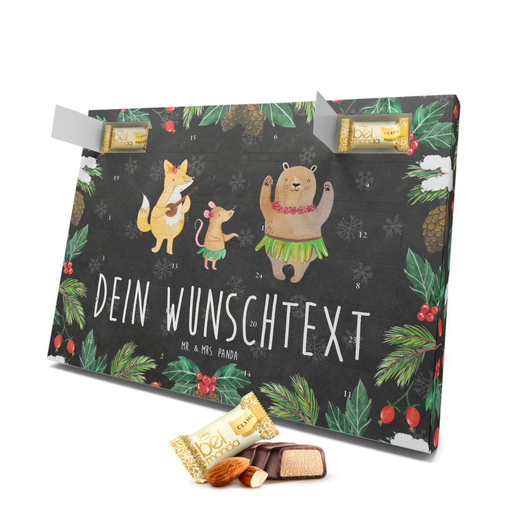 Personalisierter Marzipan Adventskalender Waldtiere Aloha Personalisierter Marzipan Adventskalender, Tiermotive, Gute Laune, lustige Sprüche, Tiere, Wald, Waldtiere, Musik, Aloha, Bär, Hase, Igel, Tanzen, Leben, Lachen