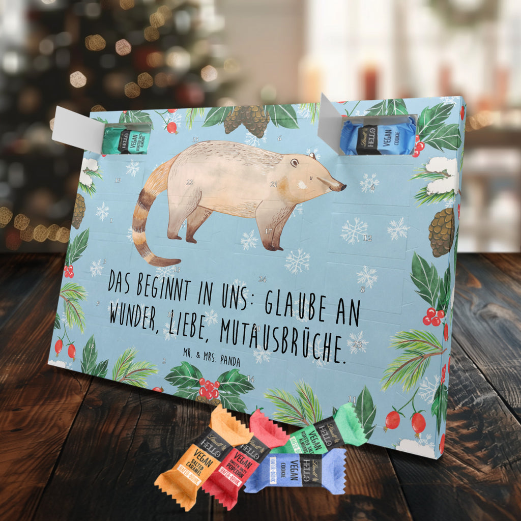 Veganer Adventskalender Nasenbär Schokoladen Adventskalender, Tiermotive, Gute Laune, lustige Sprüche, Tiere, Nasenbär, Nasenbären, Rüsselbär, Bär