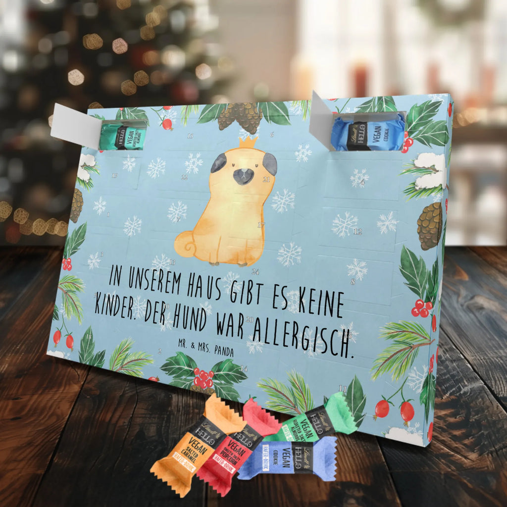 Veganer Adventskalender Mops Krone Schokoladen Adventskalender, Hund, Hundemotiv, Haustier, Hunderasse, Tierliebhaber, Hundebesitzer, Sprüche, Mops, allergisch, kinderlos, Hausregel, Hundebesitzer. Spruch, lustig