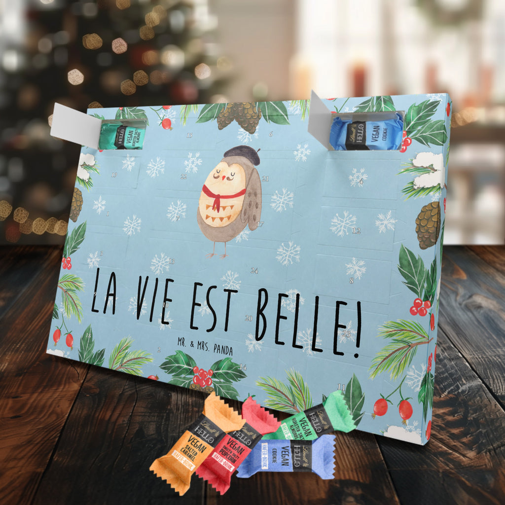 Veganer Adventskalender Eule Frankreich Schokoladen Adventskalender, Eule, Eulen, Eule Deko, Owl, hibou, La vie est belle, das Leben ist schön, Spruch schön, Spruch Französisch, Frankreich