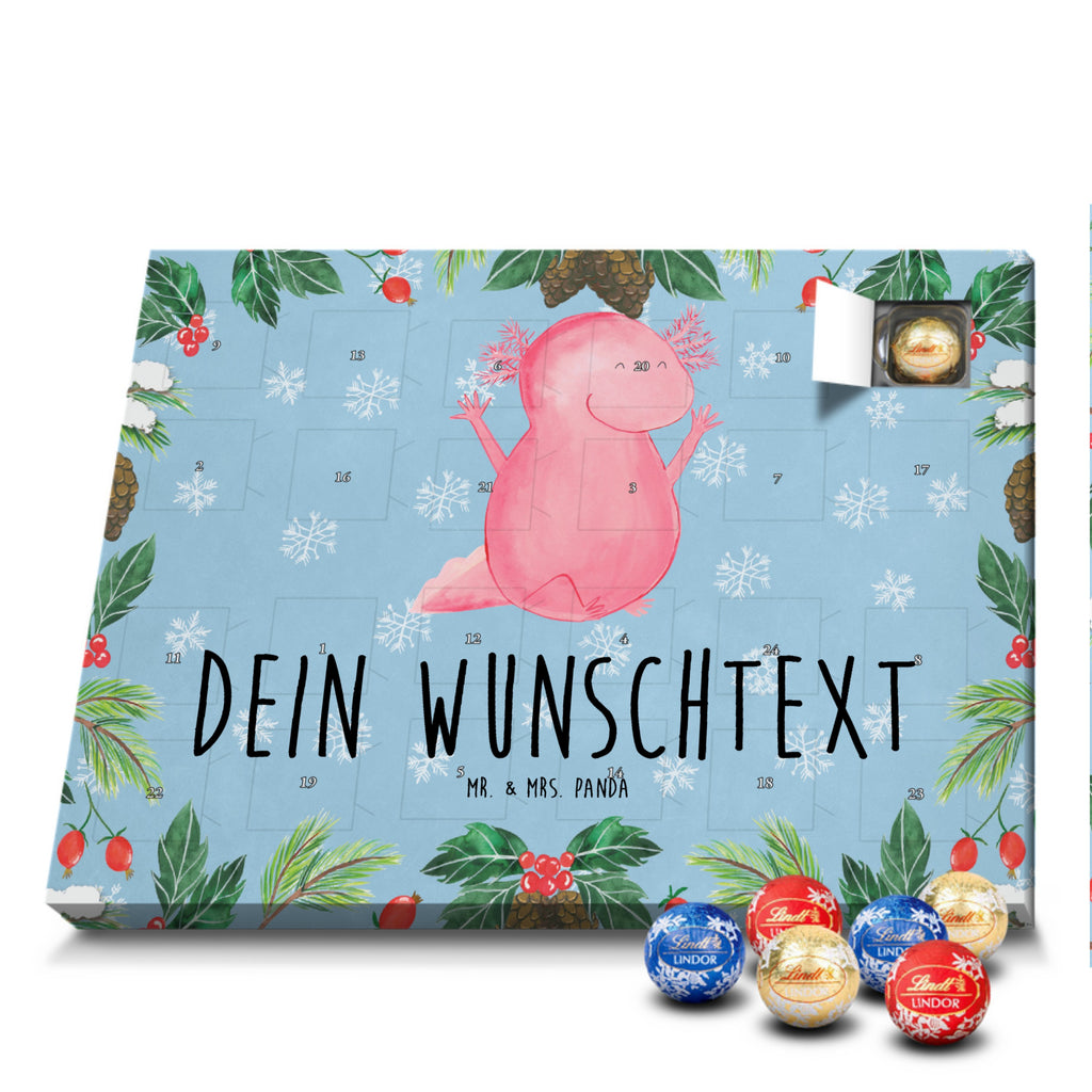 Personalisierter Kugel Markenschokolade Adventskalender Axolotl Hurra Personalisierter Kugel Markenschokolade Adventskalender, Axolotl, Molch, Axolot, Schwanzlurch, Lurch, Lurche, fröhlich, Spaß, Freude, Motivation, Zufriedenheit