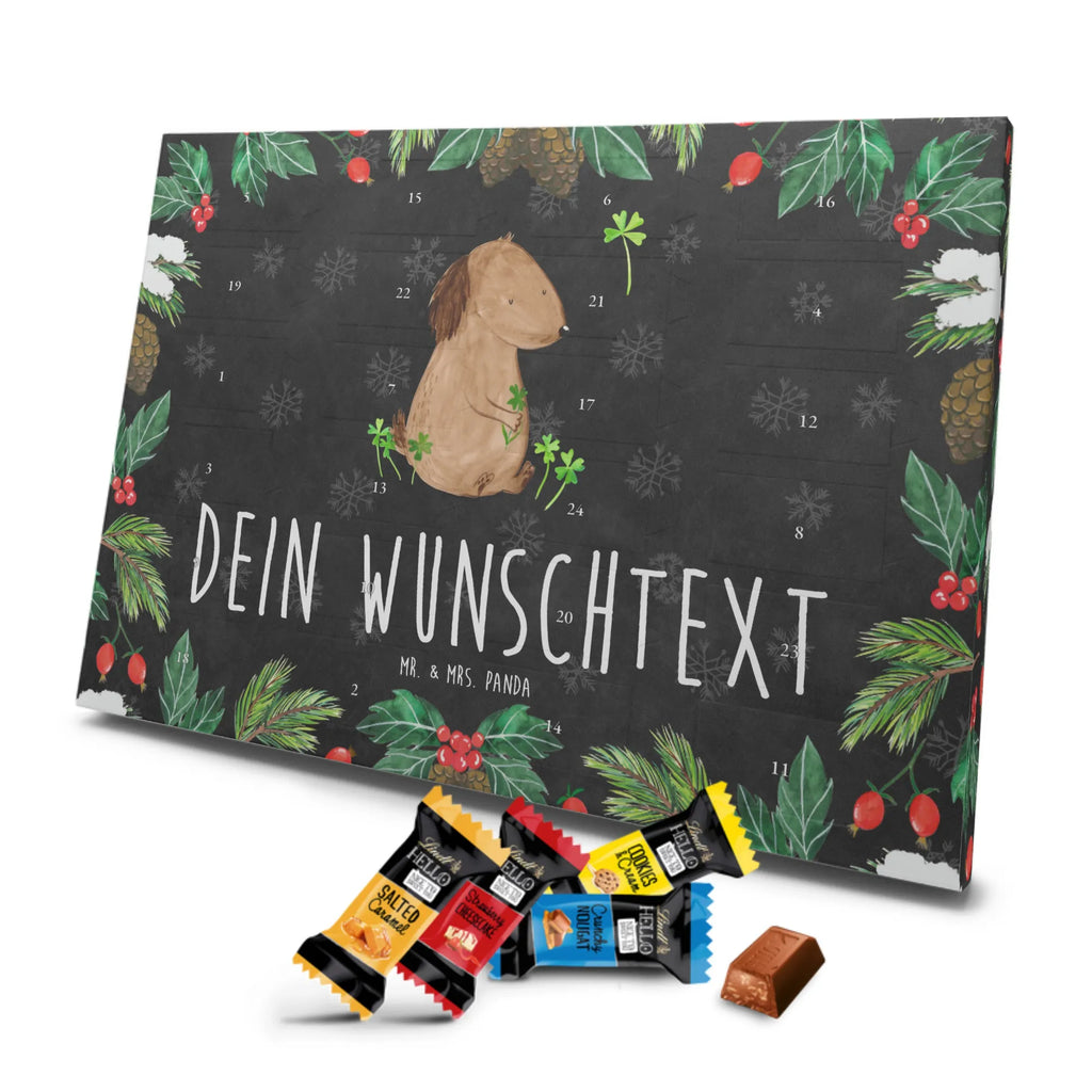 Personalisierter Markenschokolade Adventskalender Hund Kleeblatt Personalisierter Adventskalender, Hund, Hundemotiv, Haustier, Hunderasse, Tierliebhaber, Hundebesitzer, Sprüche, Kleeblatt, Glück, Tagträume, Motivation, Neuanfang, Geschenk, Glücksbringer, Selbstliebe, Achtsamkeit