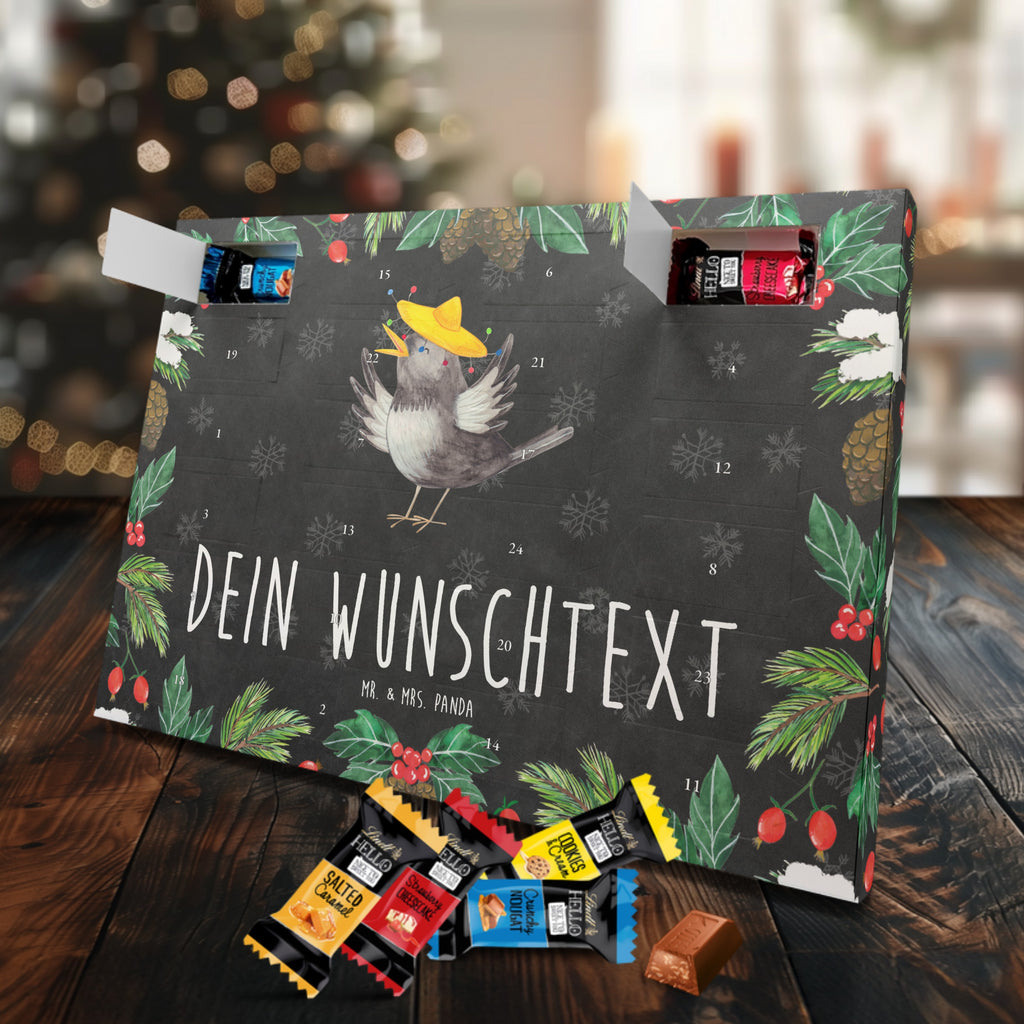 Personalisierter Markenschokolade Adventskalender Rabe Sombrero Personalisierter Adventskalender, Tiermotive, Gute Laune, lustige Sprüche, Tiere, Rabe, Vogel, Vögel, Spruch positiv, fröhlich sein, glücklich sein, Glück Spruch, froh, Elster, Motivation