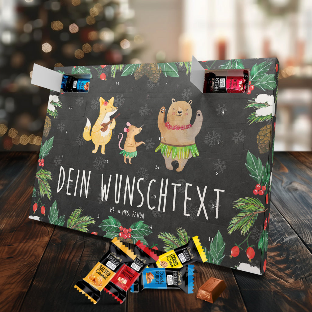 Personalisierter Markenschokolade Adventskalender Waldtiere Aloha Personalisierter Adventskalender, Tiermotive, Gute Laune, lustige Sprüche, Tiere, Wald, Waldtiere, Musik, Aloha, Bär, Hase, Igel, Tanzen, Leben, Lachen