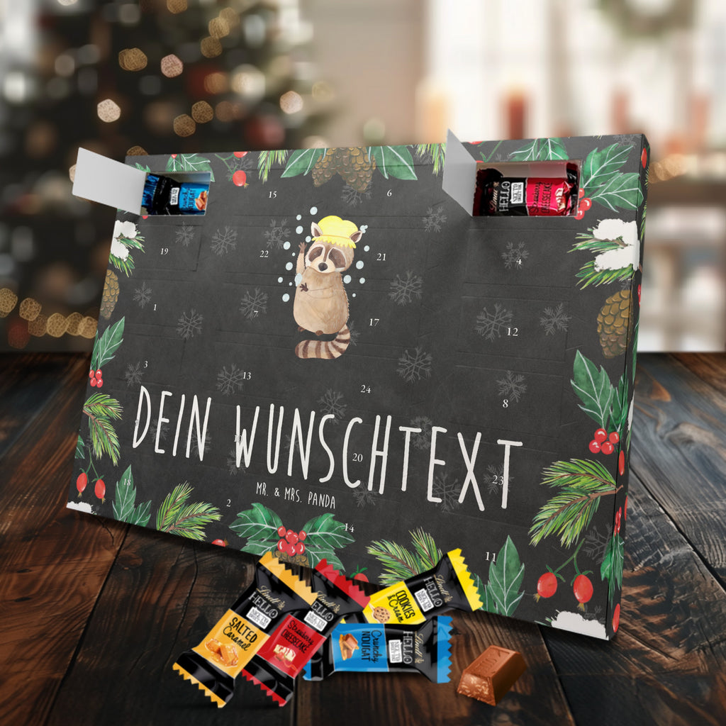 Personalisierter Markenschokolade Adventskalender Waschbär Personalisierter Adventskalender, Tiermotive, Gute Laune, lustige Sprüche, Tiere, Waschbär, Tagträumen, Plan, Fröhlich, waschen, Seifenblasen