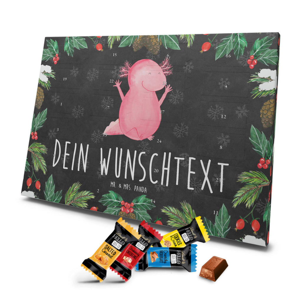 Personalisierter Markenschokolade Adventskalender Axolotl Hurra Personalisierter Adventskalender, Axolotl, Molch, Axolot, Schwanzlurch, Lurch, Lurche, fröhlich, Spaß, Freude, Motivation, Zufriedenheit