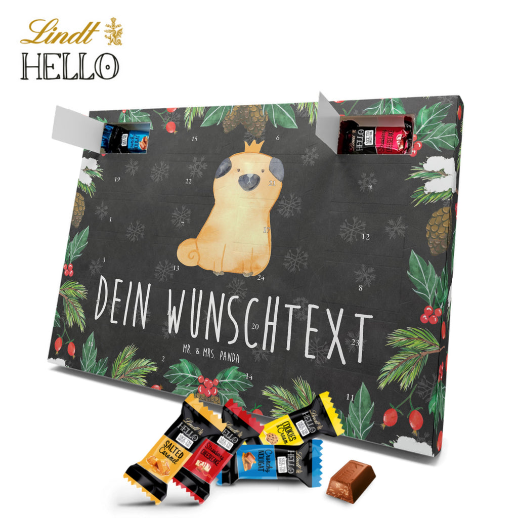 Personalisierter Markenschokolade Adventskalender Mops Krone Personalisierter Adventskalender, Hund, Hundemotiv, Haustier, Hunderasse, Tierliebhaber, Hundebesitzer, Sprüche, Mops, allergisch, kinderlos, Hausregel, Hundebesitzer. Spruch, lustig