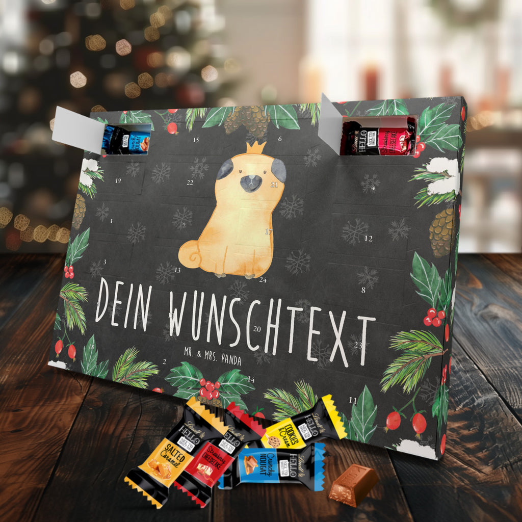 Personalisierter Markenschokolade Adventskalender Mops Krone Personalisierter Adventskalender, Hund, Hundemotiv, Haustier, Hunderasse, Tierliebhaber, Hundebesitzer, Sprüche, Mops, allergisch, kinderlos, Hausregel, Hundebesitzer. Spruch, lustig