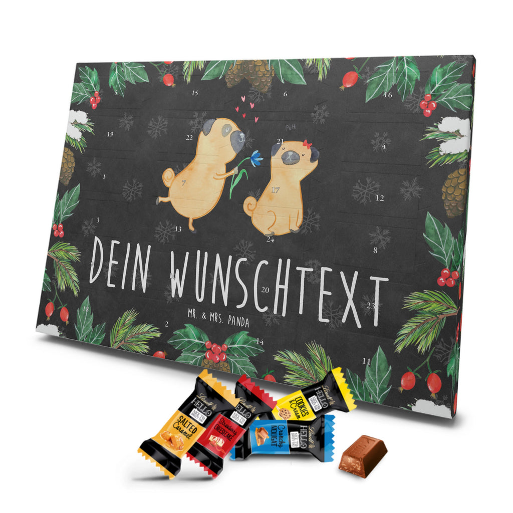 Personalisierter Markenschokolade Adventskalender Mops Verliebt Personalisierter Adventskalender, Hund, Hundemotiv, Haustier, Hunderasse, Tierliebhaber, Hundebesitzer, Sprüche, Mops, Möpse, Hundeliebe, verliebt, Liebe, Liebesspruch. Verlobt, Geschenk Freund, Partner