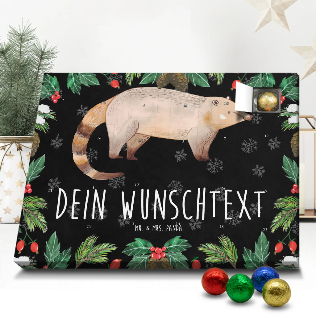 Personalisierter Schoko Adventskalender Nasenbär Personalisierter Adventskalender, Adventskalender mit Namen, Tiermotive, Gute Laune, lustige Sprüche, Tiere, Nasenbär, Nasenbären, Rüsselbär, Bär