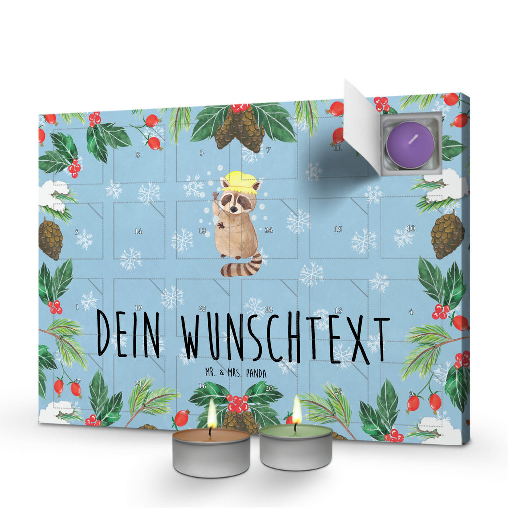 Personalisierter Duftkerzen Adventskalender Waschbär Personalisierter Duftkerzen Adventskalender, Tiermotive, Gute Laune, lustige Sprüche, Tiere, Waschbär, Tagträumen, Plan, Fröhlich, waschen, Seifenblasen