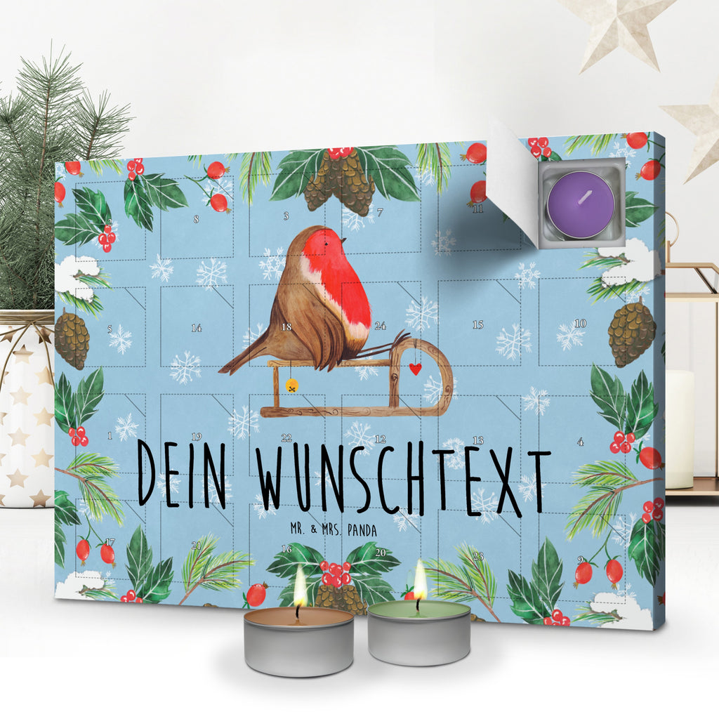 Personalisierter Duftkerzen Adventskalender Rotkehlchen Schlitten Personalisierter Duftkerzen Adventskalender, Winter, Weihnachten, Weihnachtsdeko, Nikolaus, Advent, Heiligabend, Wintermotiv, Schlitten, Vogel