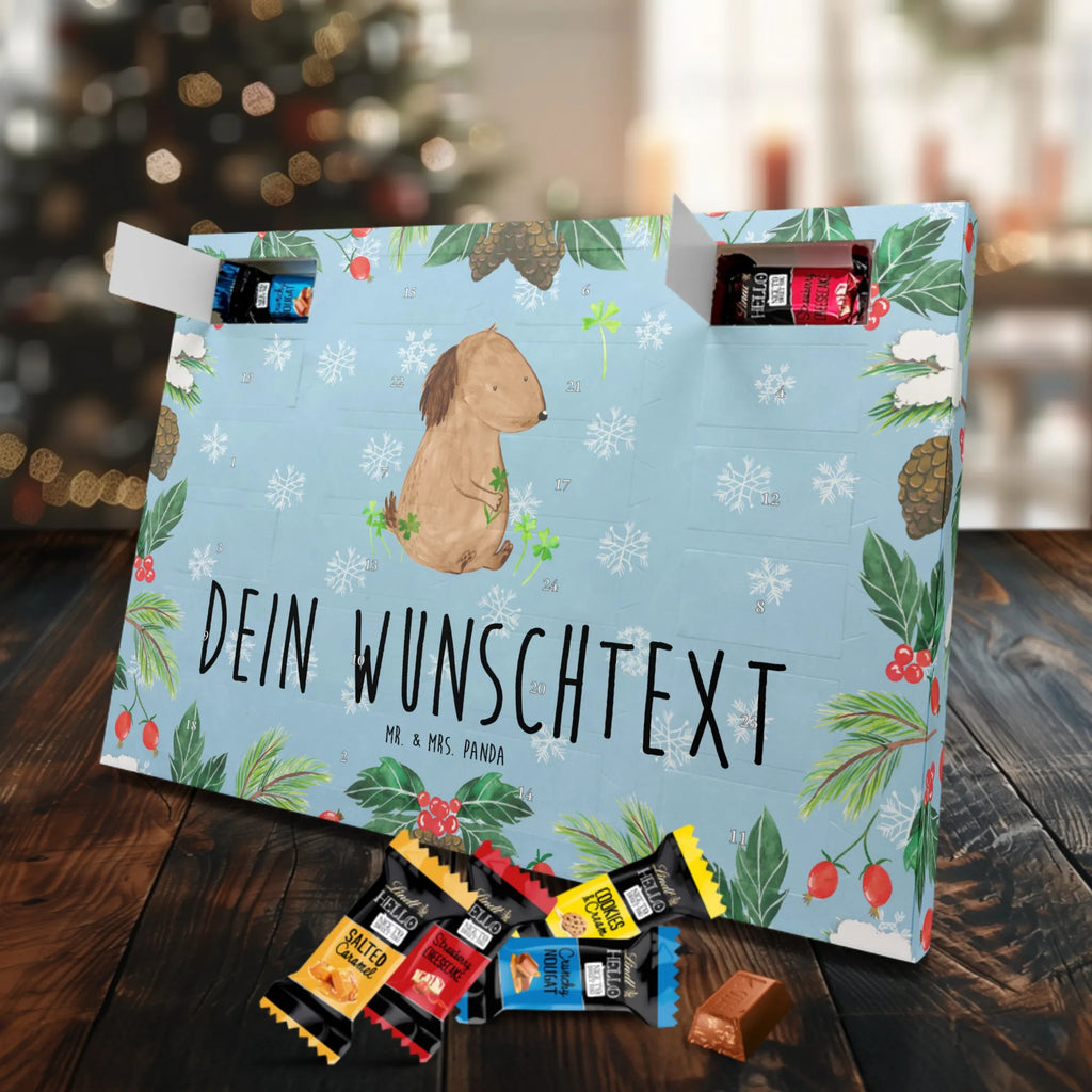 Personalisierter Markenschokolade Adventskalender Hund Kleeblatt Personalisierter Adventskalender, Hund, Hundemotiv, Haustier, Hunderasse, Tierliebhaber, Hundebesitzer, Sprüche, Kleeblatt, Glück, Tagträume, Motivation, Neuanfang, Geschenk, Glücksbringer, Selbstliebe, Achtsamkeit