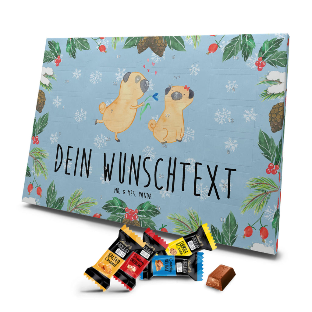 Personalisierter Markenschokolade Adventskalender Mops Verliebt Personalisierter Adventskalender, Hund, Hundemotiv, Haustier, Hunderasse, Tierliebhaber, Hundebesitzer, Sprüche, Mops, Möpse, Hundeliebe, verliebt, Liebe, Liebesspruch. Verlobt, Geschenk Freund, Partner