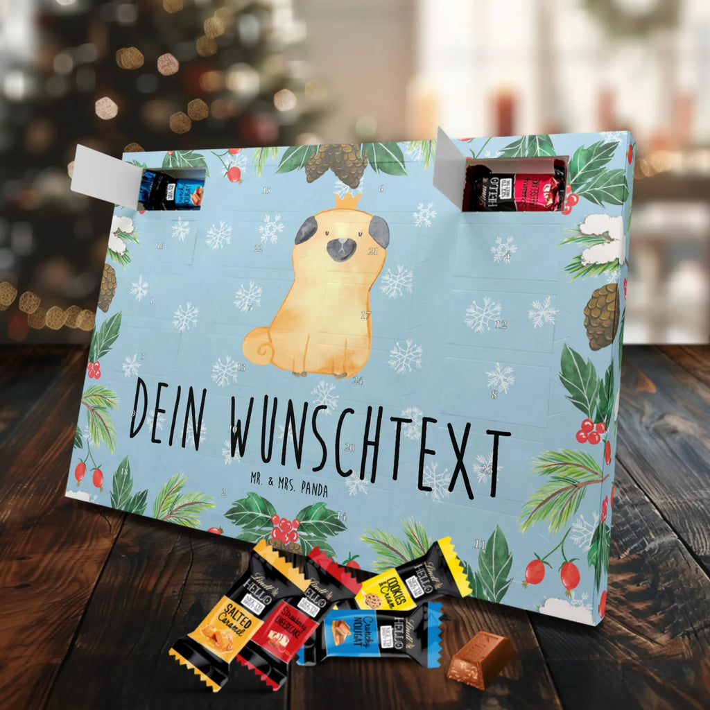 Personalisierter Markenschokolade Adventskalender Mops Krone Personalisierter Adventskalender, Hund, Hundemotiv, Haustier, Hunderasse, Tierliebhaber, Hundebesitzer, Sprüche, Mops, allergisch, kinderlos, Hausregel, Hundebesitzer. Spruch, lustig