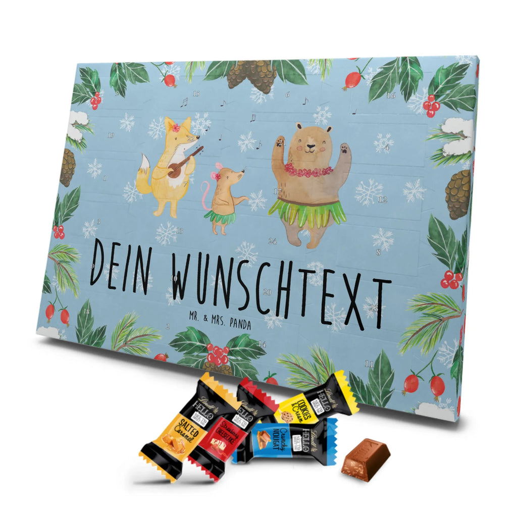 Personalisierter Markenschokolade Adventskalender Waldtiere Aloha Personalisierter Adventskalender, Tiermotive, Gute Laune, lustige Sprüche, Tiere, Wald, Waldtiere, Musik, Aloha, Bär, Hase, Igel, Tanzen, Leben, Lachen