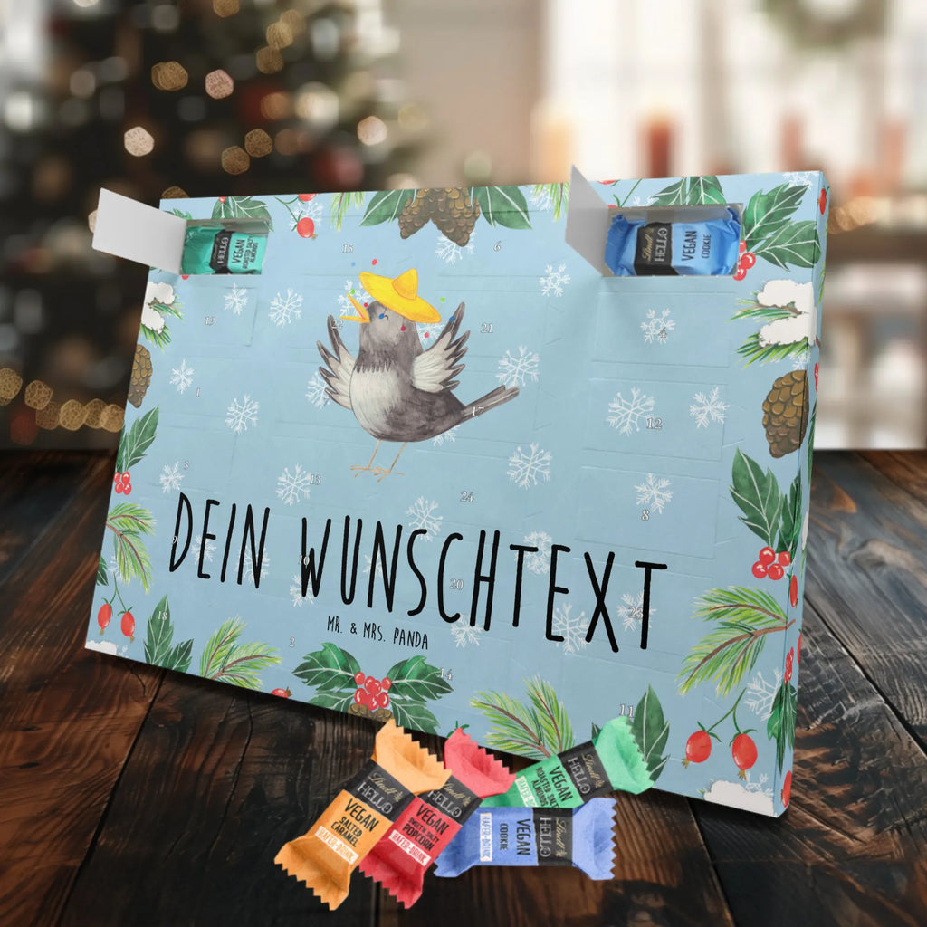 Personalisierter veganer Adventskalender Rabe Sombrero Personalisierter veganer Adventskalender, Tiermotive, Gute Laune, lustige Sprüche, Tiere, Rabe, Vogel, Vögel, Spruch positiv, fröhlich sein, glücklich sein, Glück Spruch, froh, Elster, Motivation