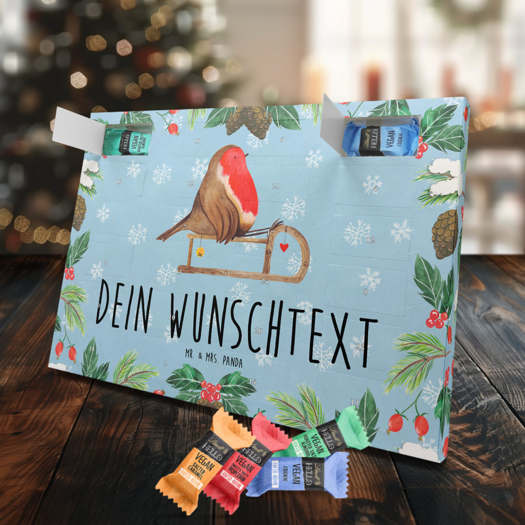 Personalisierter veganer Adventskalender Rotkehlchen Schlitten Personalisierter veganer Adventskalender, Winter, Weihnachten, Weihnachtsdeko, Nikolaus, Advent, Heiligabend, Wintermotiv, Schlitten, Vogel