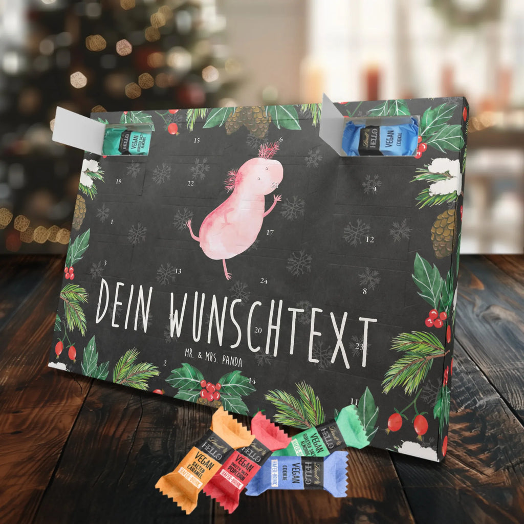 Personalisierter veganer Adventskalender Axolotl Tanzen Personalisierter veganer Adventskalender, Axolotl, Molch, Axolot, Schwanzlurch, Lurch, Lurche, Dachschaden, Sterne, verrückt, Freundin, beste Freundin