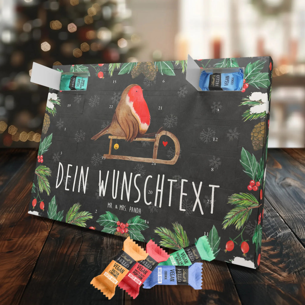 Personalisierter veganer Adventskalender Rotkehlchen Schlitten Personalisierter veganer Adventskalender, Winter, Weihnachten, Weihnachtsdeko, Nikolaus, Advent, Heiligabend, Wintermotiv, Schlitten, Vogel