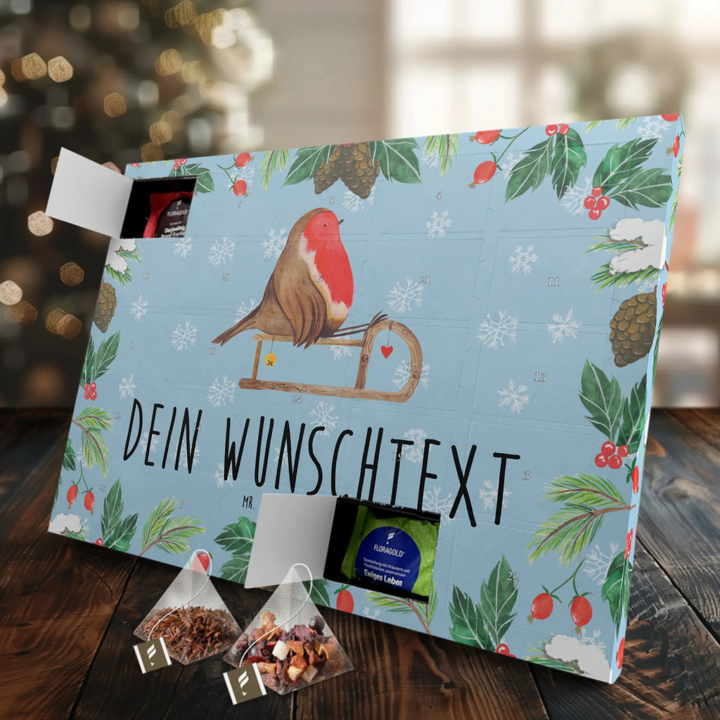 Personalisierter Tee Adventskalender Rotkehlchen Schlitten Personalisierter Tee Adventskalender, Winter, Weihnachten, Weihnachtsdeko, Nikolaus, Advent, Heiligabend, Wintermotiv, Schlitten, Vogel