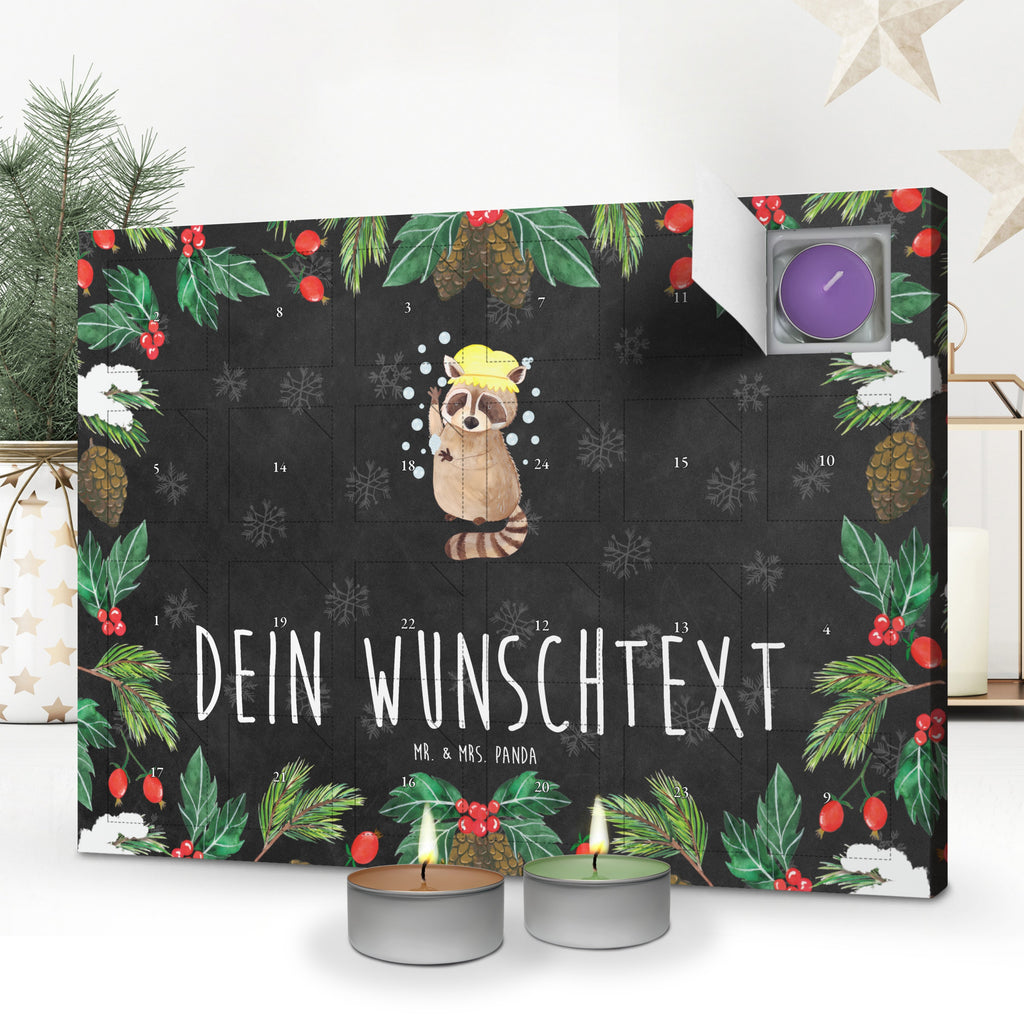 Personalisierter Duftkerzen Adventskalender Waschbär Personalisierter Duftkerzen Adventskalender, Tiermotive, Gute Laune, lustige Sprüche, Tiere, Waschbär, Tagträumen, Plan, Fröhlich, waschen, Seifenblasen