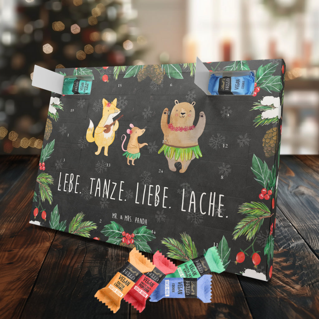 Veganer Adventskalender Waldtiere Aloha Schokoladen Adventskalender, Tiermotive, Gute Laune, lustige Sprüche, Tiere, Wald, Waldtiere, Musik, Aloha, Bär, Hase, Igel, Tanzen, Leben, Lachen