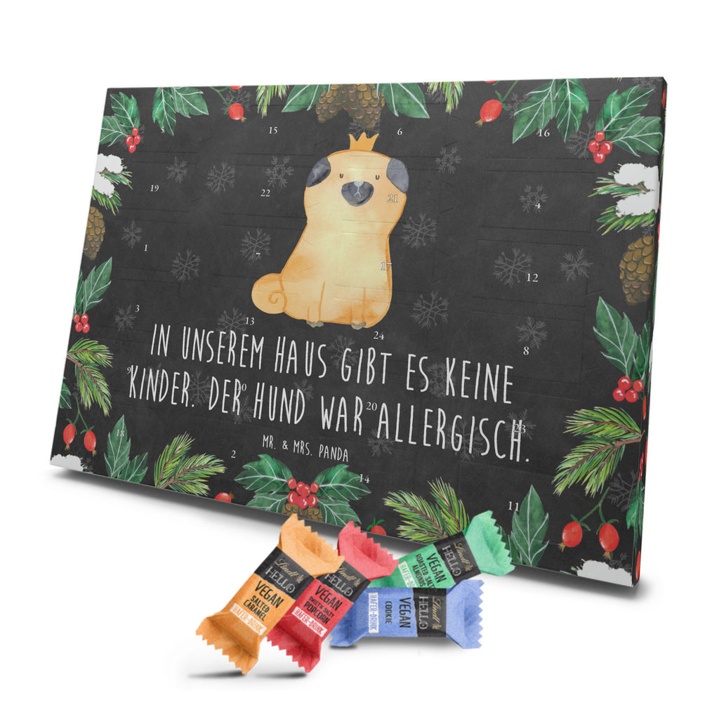 Veganer Adventskalender Mops Krone Schokoladen Adventskalender, Hund, Hundemotiv, Haustier, Hunderasse, Tierliebhaber, Hundebesitzer, Sprüche, Mops, allergisch, kinderlos, Hausregel, Hundebesitzer. Spruch, lustig